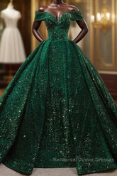 Vintage Off Shoulder Green Long Quinceanera Dresses Sweet 16 Semi Formal Prom Dresses